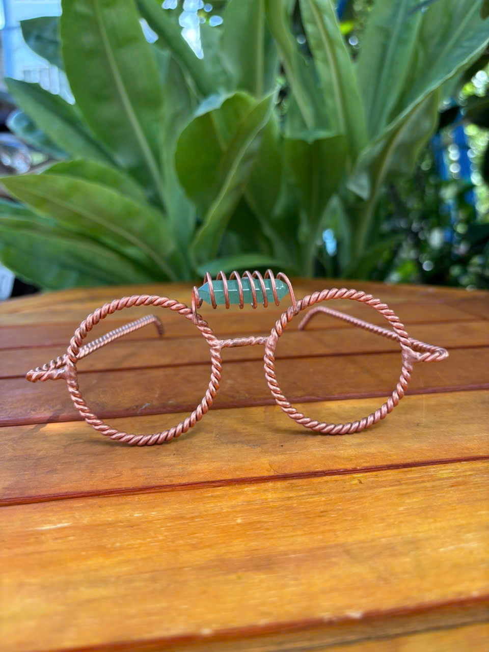 Twisted copper wire tensor glasses green aventurine sacred geometry EMF tool