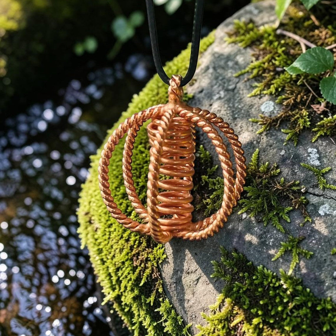 Copper tensor sphere pendant resting on moss outdoors, styled for meditation and mindful wear