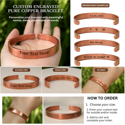 Custom engraved pure copper cuff bracelet, personalized with names, dates, coordinates or words. Shows outside view, inside view engraving, and on-wrist fit with examples like "12.06.2026", "A ♥ M", "Stay Strong" and GPS coordinates. Handmade adjustable copper bracelet gift.