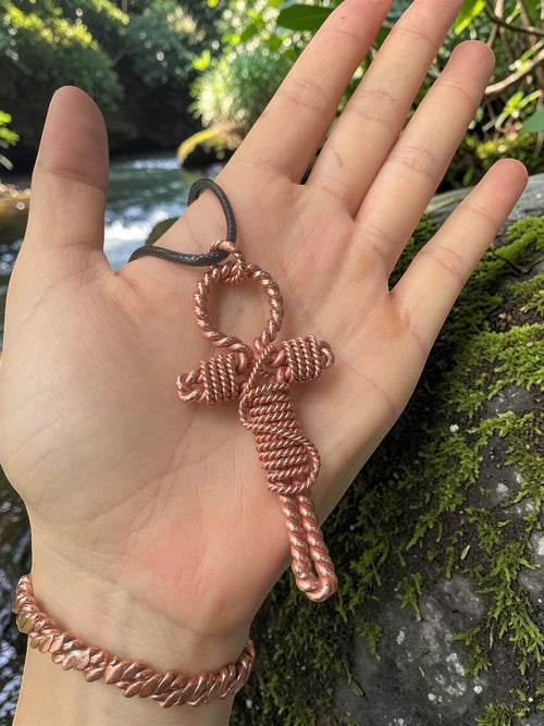 Abusta Viking Copper Harmonizer Pendant Necklace, handcrafted pure copper ankh symbol, energy tool, 144MHz frequency, for grounding and healing.