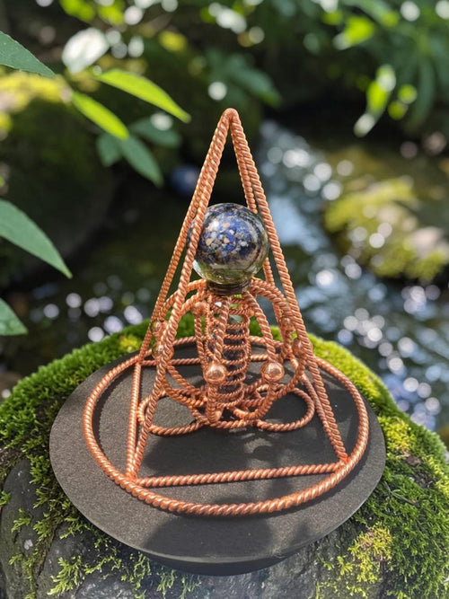 Kim tự tháp orgonite bằng đồng nguyên chất thủ công của abusta.viking, có quả cầu đá xanh và các chi tiết xoắn ốc, dùng để cân bằng chakra và chắn EMF.
