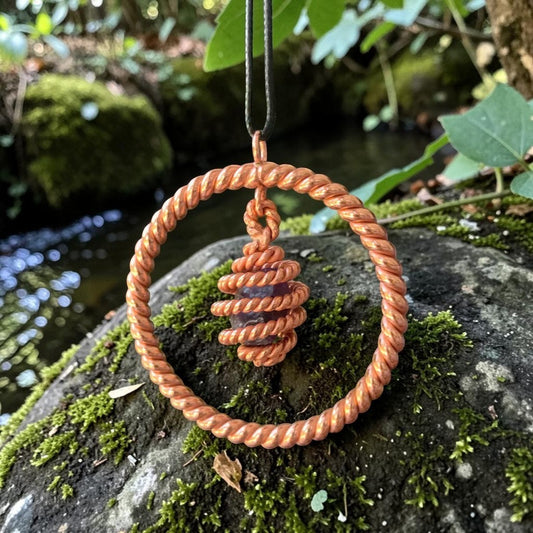 Mặt dây chuyền vòng xoắn bằng đồng nguyên chất thủ công abusta.viking với đá thạch anh tím, công cụ năng lượng hình học thiêng liêng.