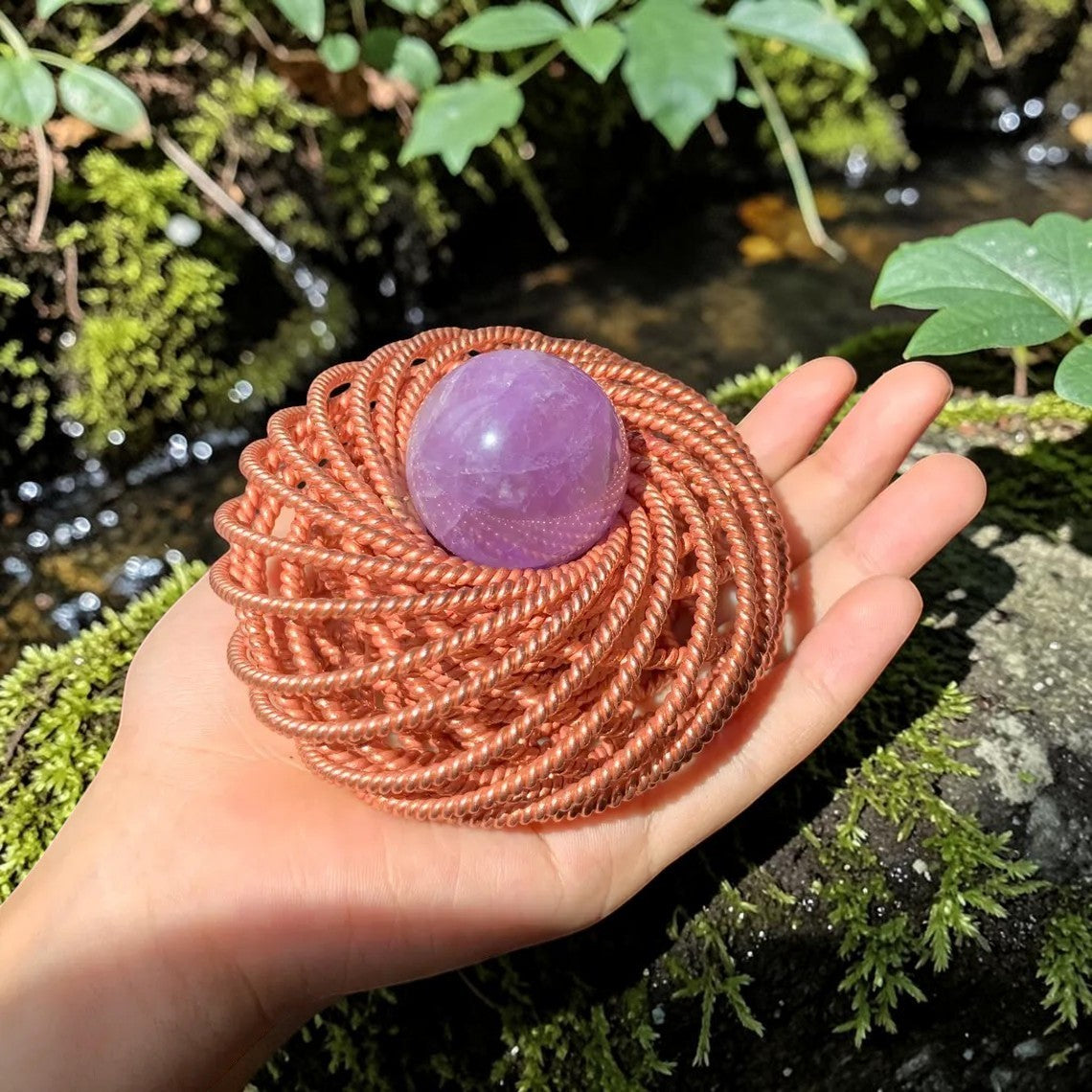 abusta.viking Quadruple Twisted Copper Tensor Ring with amethyst sphere, handcrafted pure copper energy tool.