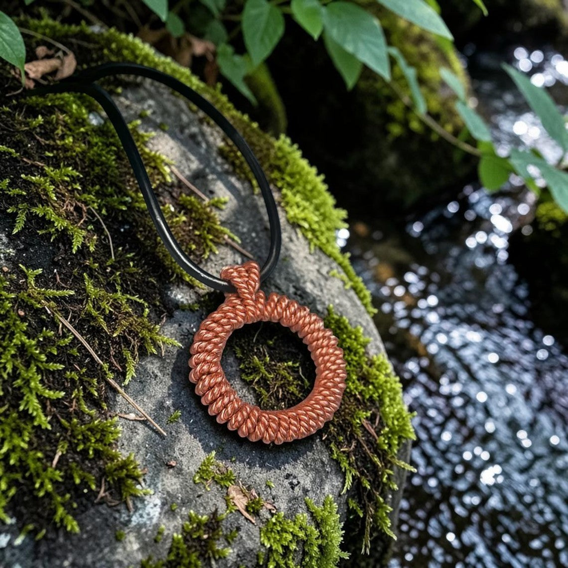 Vòng năng lượng Sacred Cubit Feedback Loop Tensor Ring bằng đồng nguyên chất, thủ công tinh xảo, trên đá phủ rêu bên suối.