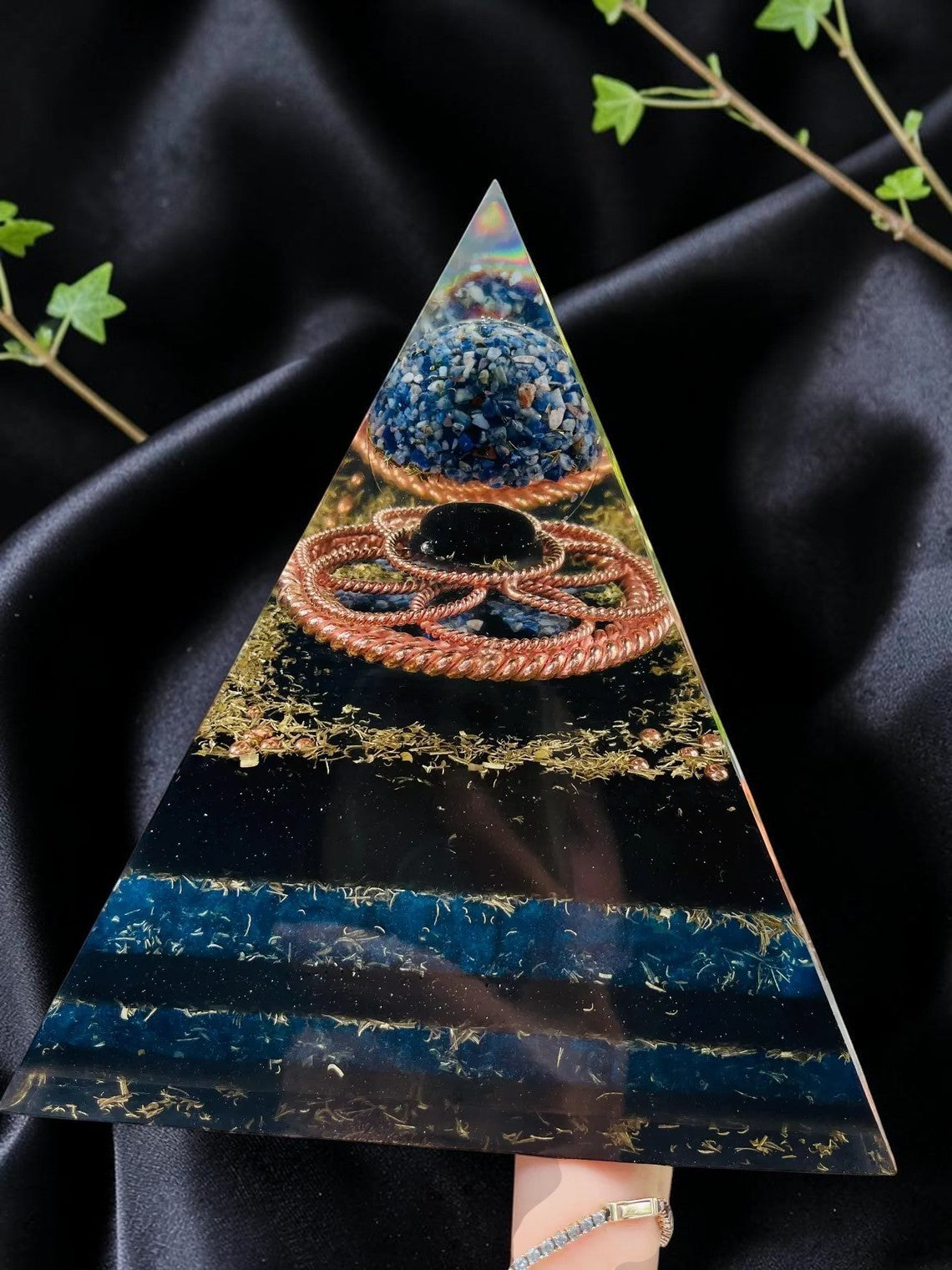 Abusta Viking Handcrafted Tensor Copper Necklace, a sacred geometry energy tool with blue stones, copper wire, and black resin.