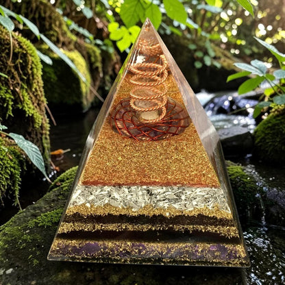 Tháp orgone bằng đồng abusta.viking, hình triskelion, đá thạch anh tím, kim loại và nhựa trong suốt, đặt ngoài trời gần suối.