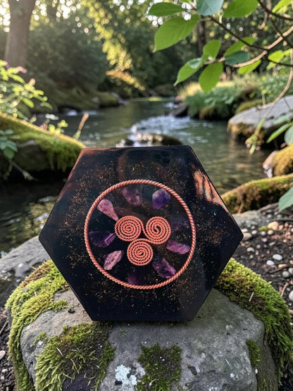 abusta.viking Tensor Torus Small Size Energy Alignment, hình lục giác màu đen với đá thạch anh tím và dây đồng xoắn ốc.