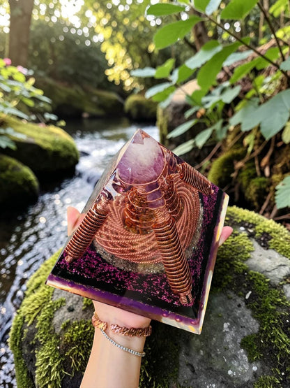 abusta.viking Kim tự tháp orgonite bằng đồng nguyên chất xoắn, đá thạch anh tím, vật liệu nhựa, công cụ năng lượng.