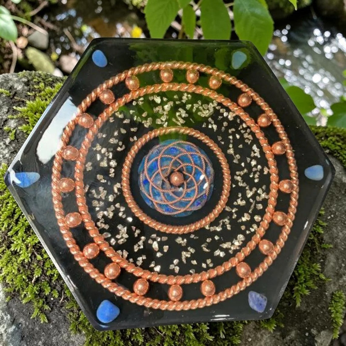 abusta.viking Tensor Copper Glasses W Crystal 177Mhz - sacred geometry energy tool with copper wire, beads, blue crystal, and black resin.