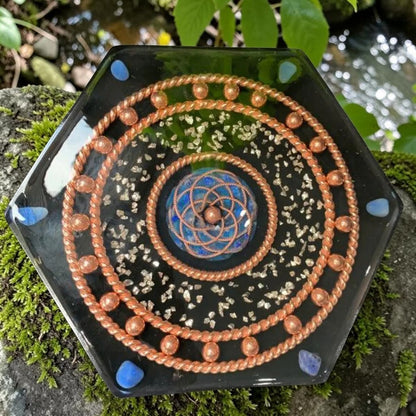 abusta.viking Tensor Copper Glasses W Crystal 177Mhz - sacred geometry energy tool with copper wire, beads, blue crystal, and black resin.