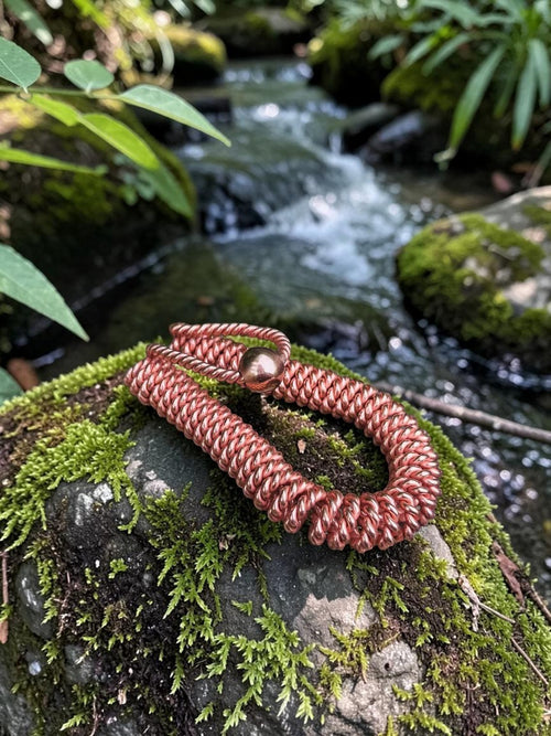 Vòng cổ năng lượng đồng nguyên chất thủ công của abusta.viking, thiết kế hình học thiêng liêng, màu đồng sáng bóng, hoàn hảo cho thiền định và cân bằng năng lượng.
