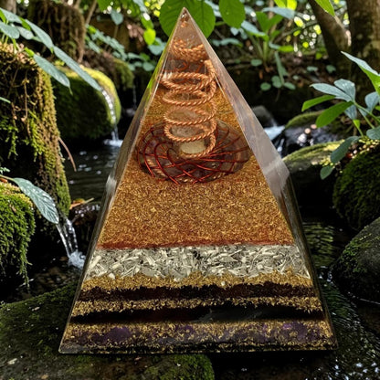 Tháp orgone hình chóp bằng đồng của abusta.viking, có hoa văn triskelion và các lớp vật liệu tự nhiên, đặt giữa khung cảnh thiên nhiên tươi tốt.