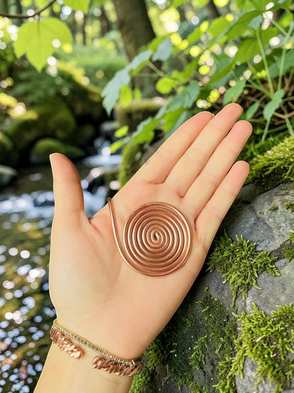 Mặt dây chuyền đồng hình xoắn ốc kép thủ công abusta.viking, làm từ đồng nguyên chất và pha lê, là công cụ năng lượng cho thiền định và chữa lành.