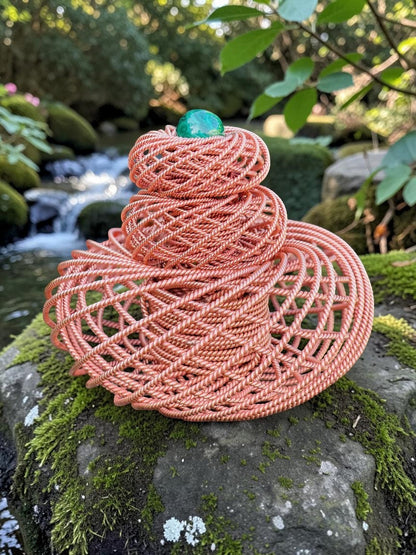Đĩa sạc năng lượng orgonite bằng đồng nguyên chất, hình học thiêng liêng, thủ công tinh xảo, có viên đá màu xanh lá cây trên đỉnh.