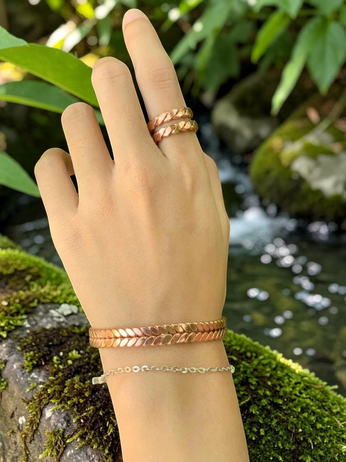 abusta.viking Vòng tay và nhẫn đồng nguyên chất thủ công, thiết kế hình lá cây, phong cách boho.