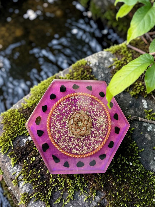 abusta.viking Tensor Torus Small Size Energy Alignment, a hexagonal purple resin tool with black inclusions and copper wire detail.