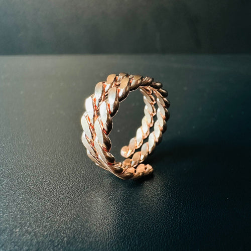 Handmade copper Cuban link ring with chunky woven chain links and warm patina