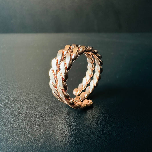 Handmade copper Cuban link ring with chunky woven chain links and warm patina