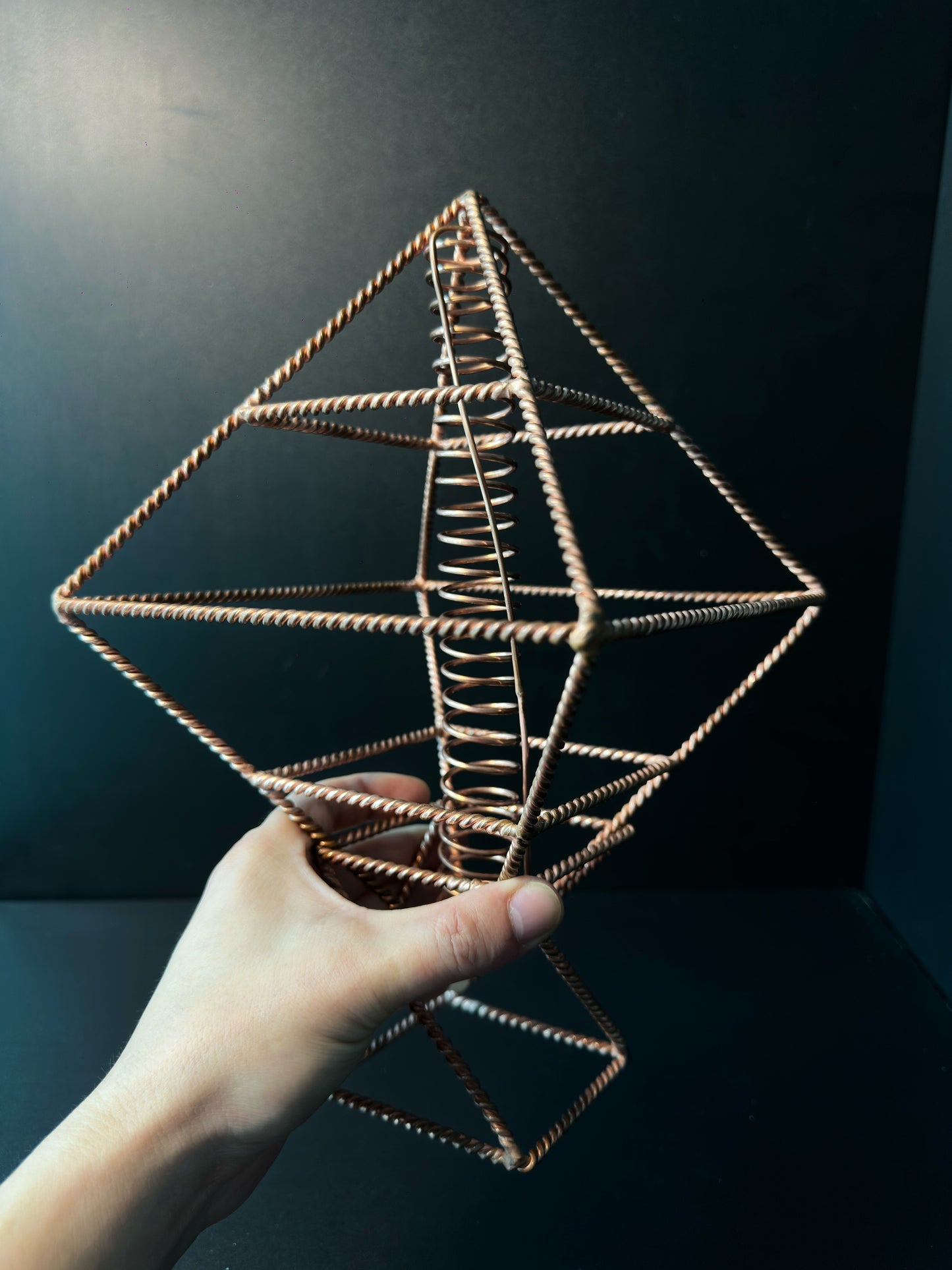 Copper octahedron energy generator backlit, handmade vortex coil sacred geometry sculpture