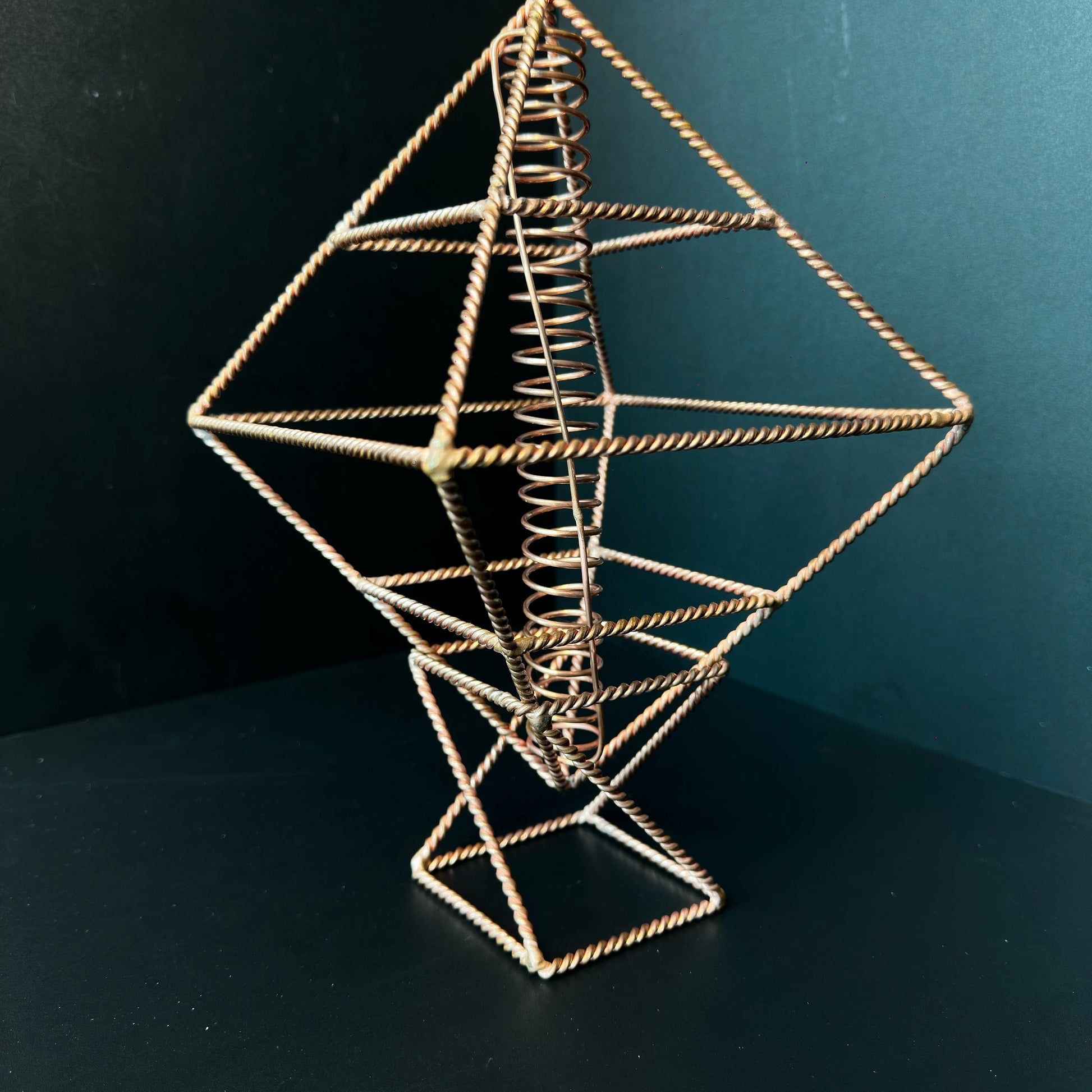 Handmade copper energy generator octahedron with vortex coil, sacred geometry meditation tool
