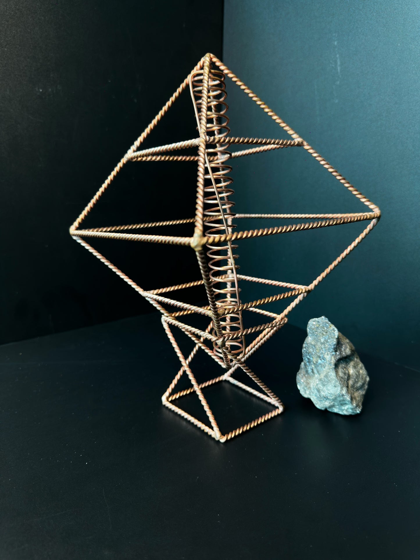 Copper energy generator with raw crystal, sacred geometry octahedron altar centerpiece Vietnam