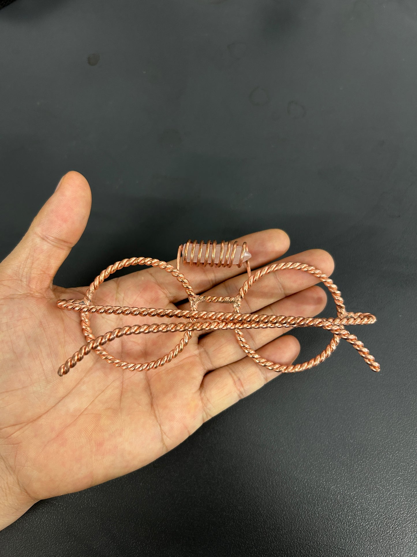 Pure copper tensor glasses rose quartz point side view 177 MHz