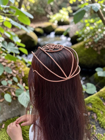 Top-down view of the copper tensor hat crown showing the handwoven geometric wire pattern