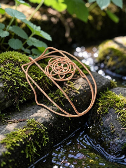 Side detail of hand-twisted copper strands forming the tensor band of the hat