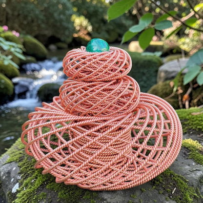 Handwoven copper tensor torus spheres in several sizes, stacked on a mossy rock by a stream