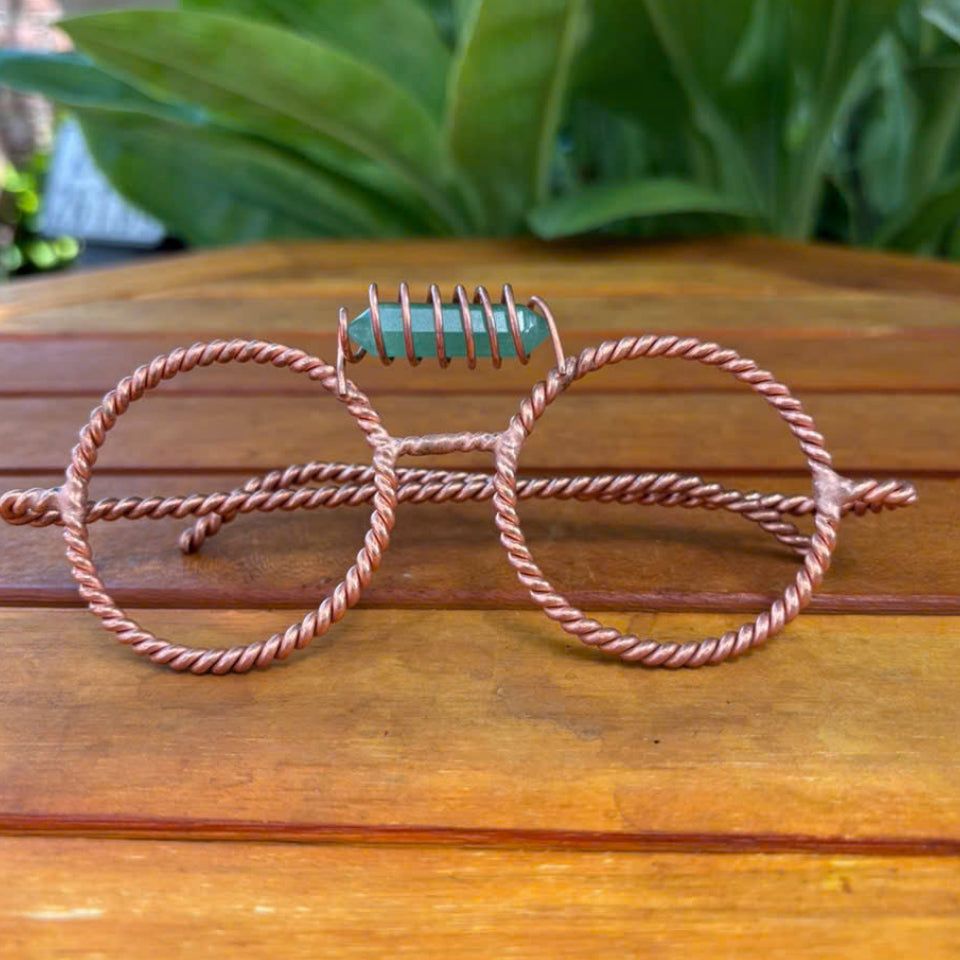 Handmade copper tensor glasses with green aventurine crystal bridge