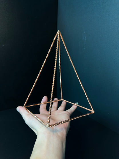 Handmade twisted copper pyramid 14cm held in hand, sacred geometry meditation energy tool
