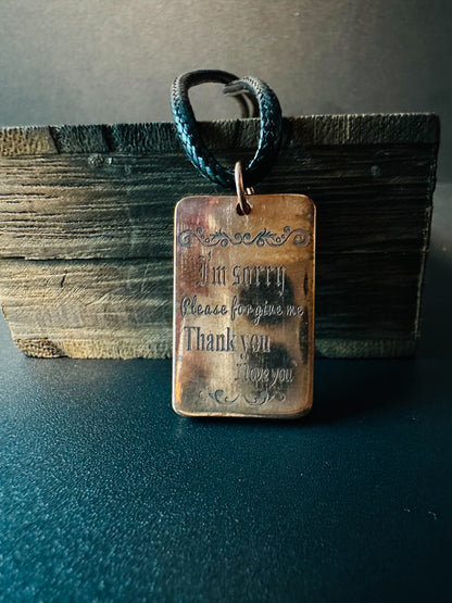 Handmade copper pendant engraved with the Ho'oponopono prayer, I'm sorry please forgive me thank you I love you, on a cord
