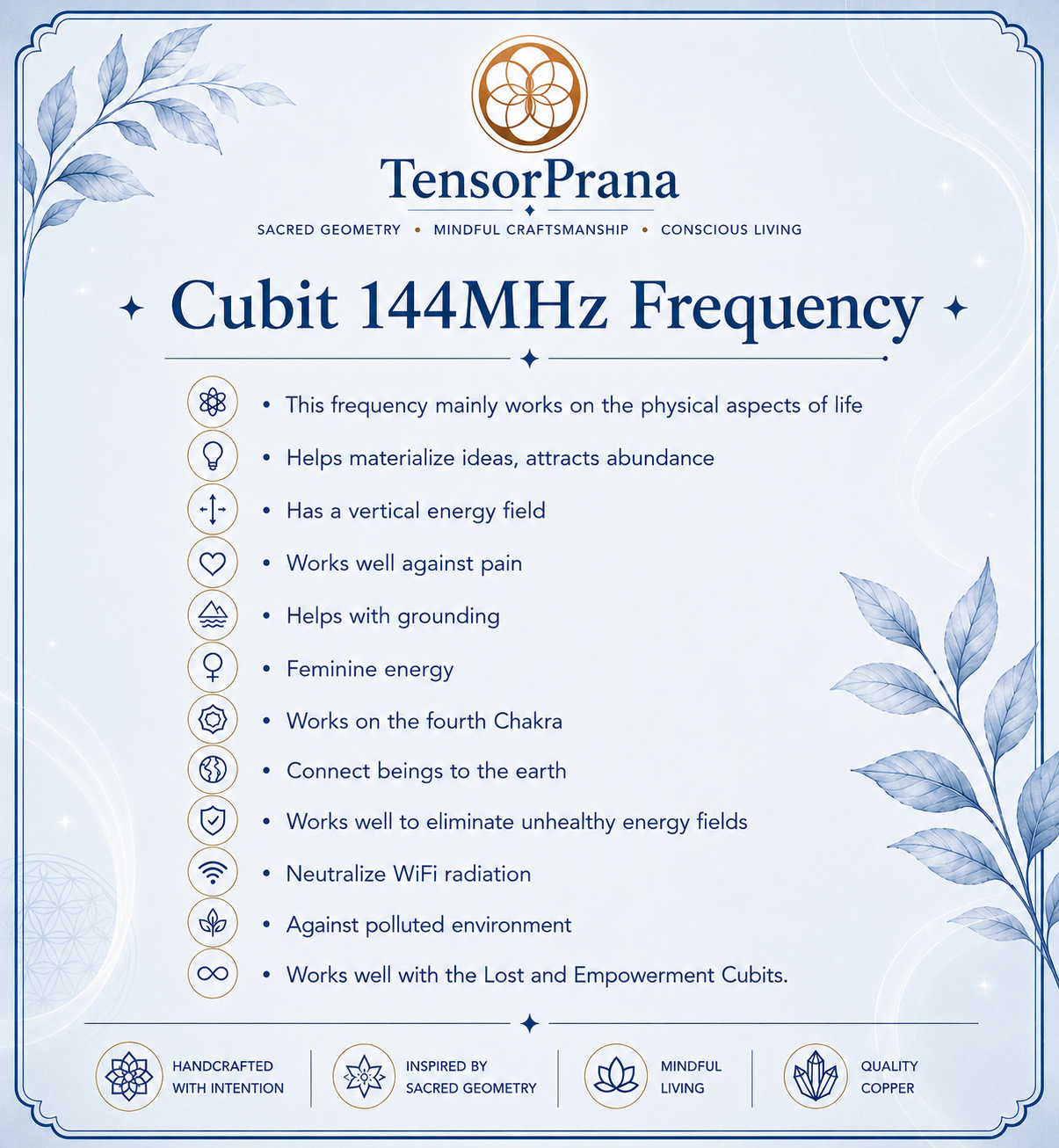 TensorPrana Cubit 144MHz Frequency information sheet with leaf designs on a light blue background