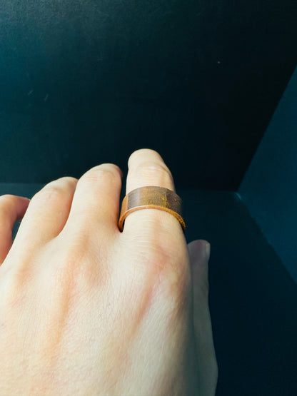 Copper ring worn on the hand, showing how the wide band sits against the finger